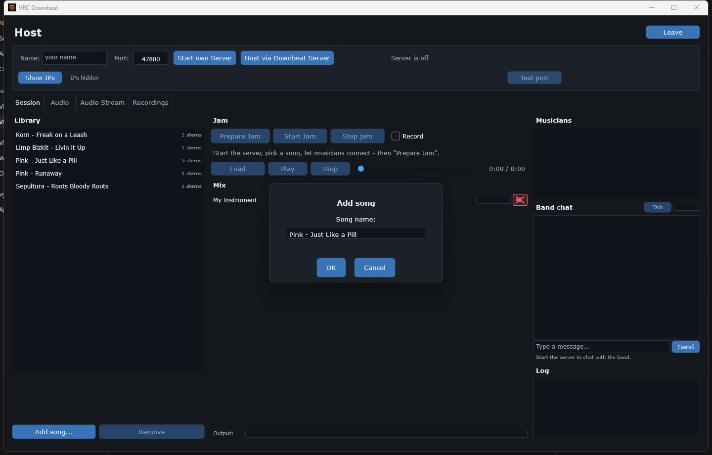 Add song dialog naming the new song, with the library list and stem counters behind it