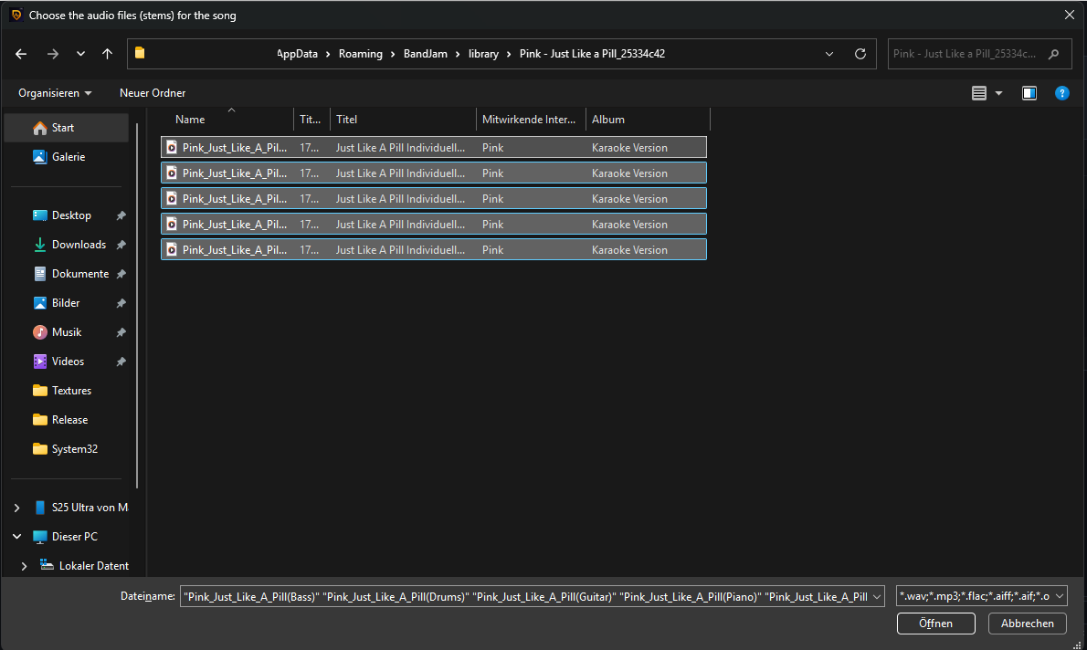 File picker with the five stem files of one song selected at once