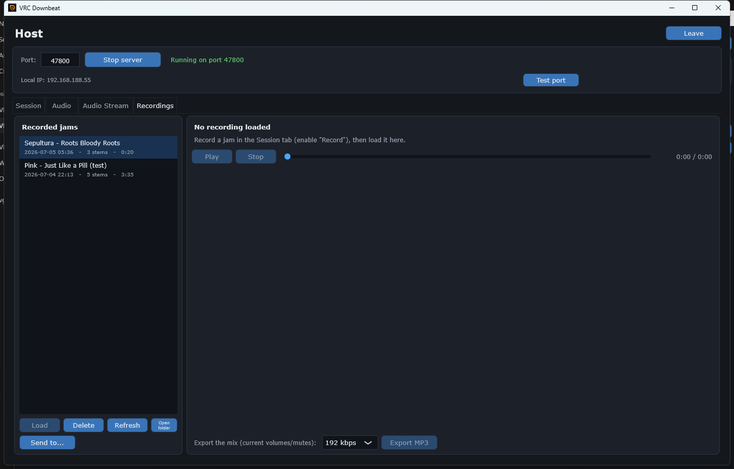 Recordings tab with list of recorded jams and MP3 export