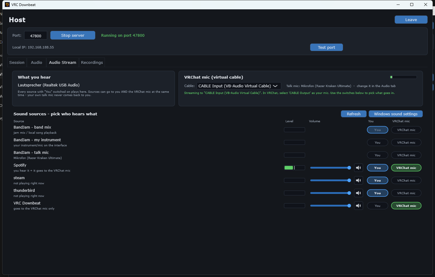 Audio Stream tab with VRChat mic cable selection and per-source routing switches